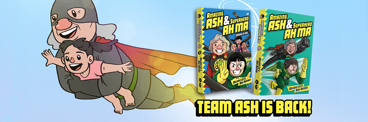 ah ma holding a girl in mid flight. amazing ash and superhero ah ma book 1 and 2 on the right side.