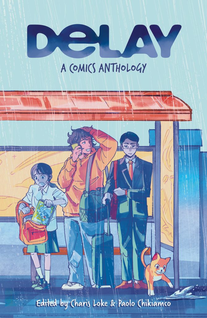 The cover of "DELAY: A Comics Anthology". The image is of a student, a young man, an office worker, and a cat sheltering from the rain under a bus stop.