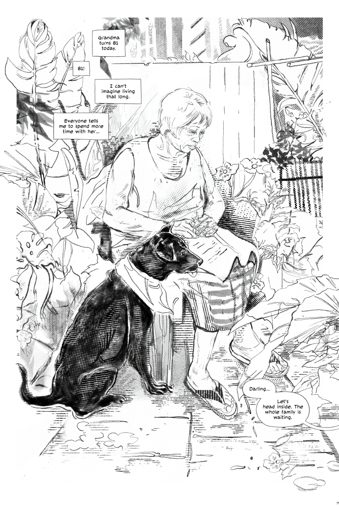 A full comic page with an illustration of an 81-year-old old woman sitting on a stool in a garden with a dog beside her. From "DELAYED" by Peter Lin & Angela Wu, part of "DELAY: A Comics Anthology".