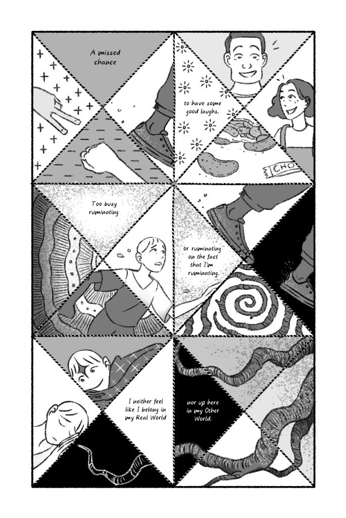 A comic page in origami-like panels that depict a collage of a boy's imaginary world. From "The Other World" by Cathlyn Vania, part of "DELAY: A Comics Anthology".